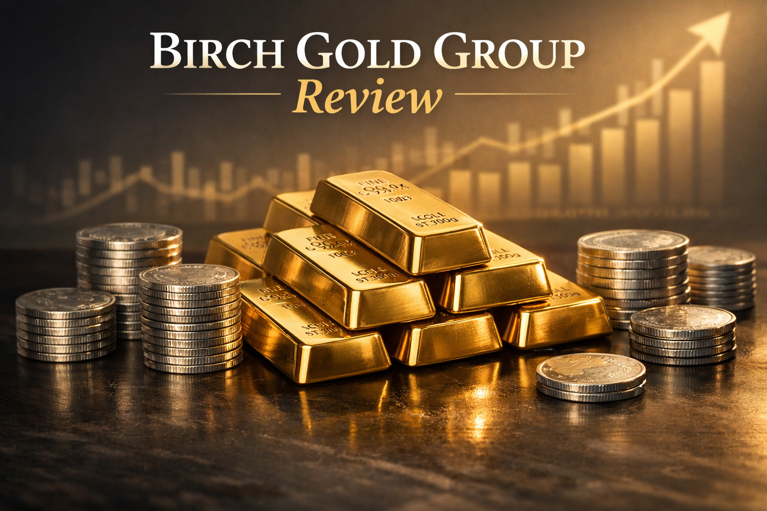 Gold bars and silver coins representing precious metals investing in a Birch Gold Group review.