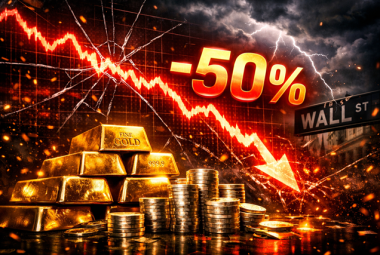 Gold bars and silver coins in front of a crashing stock market chart representing a hedge against a market crash.
