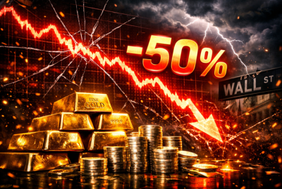 Gold bars and silver coins in front of a crashing stock market chart representing a hedge against a market crash.